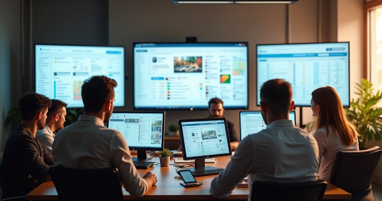 Equipe usando computadores e celulares para comunicação multicanal 