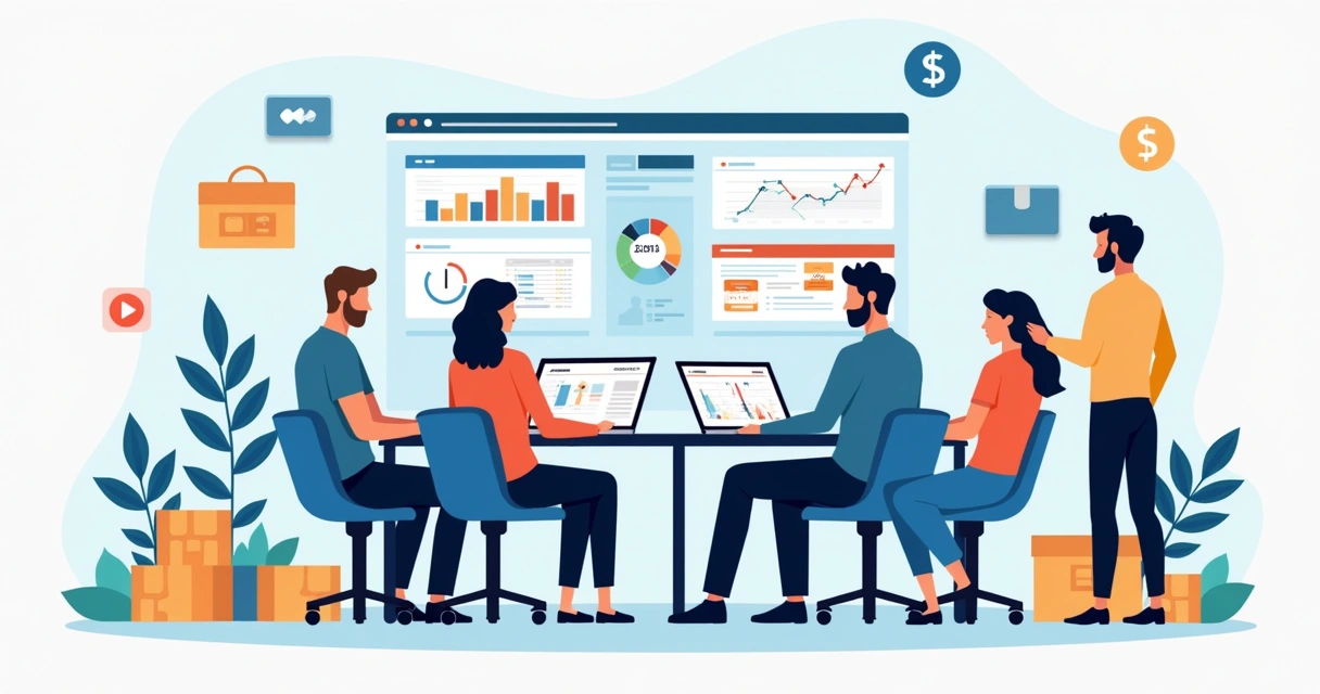 Equipe trabalhando com ERP e vendas multicanal no computador