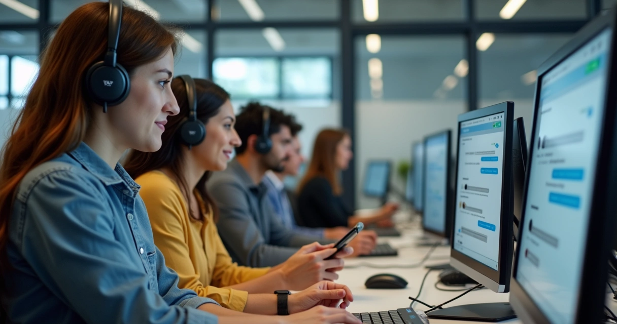 Equipe de atendimento reunida usando computadores e celulares