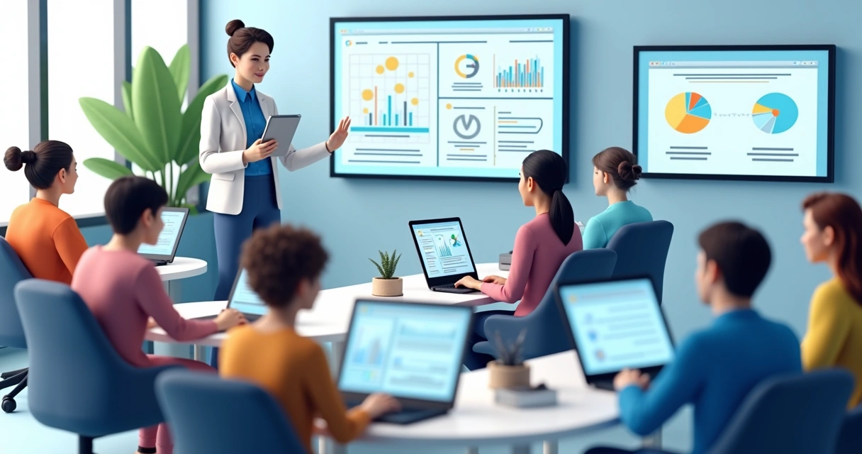 Equipe reunida usando telas para treinamento digital multicanal 