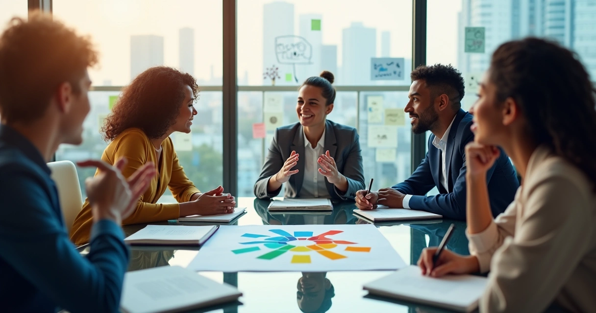 Equipe multicultural em reunião colaborativa ao redor de mesa de vidro 