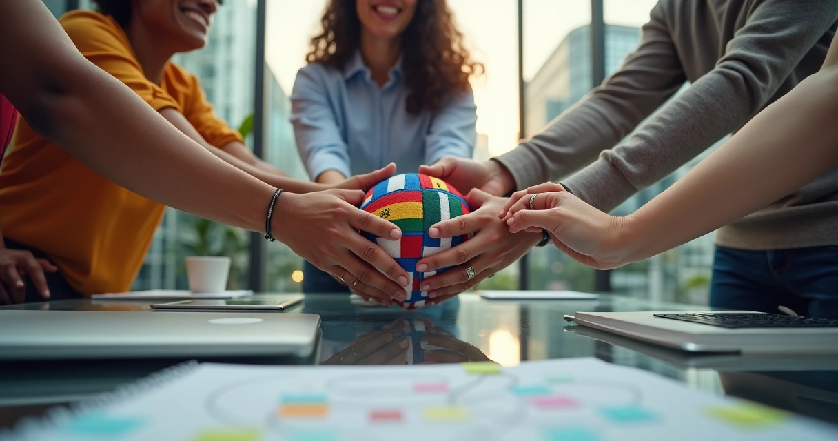 Equipe multicultural em círculo com bandeiras unidas no centro 