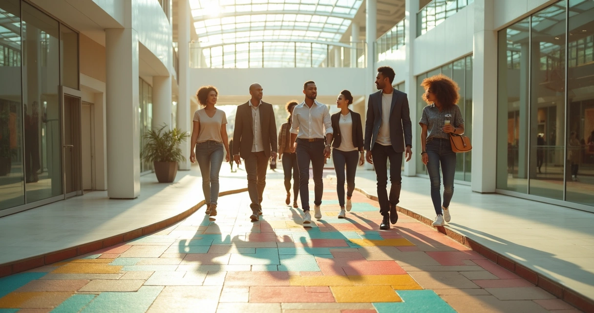 Equipe multicultural caminhando sobre ponte em formato de mosaico colorido 