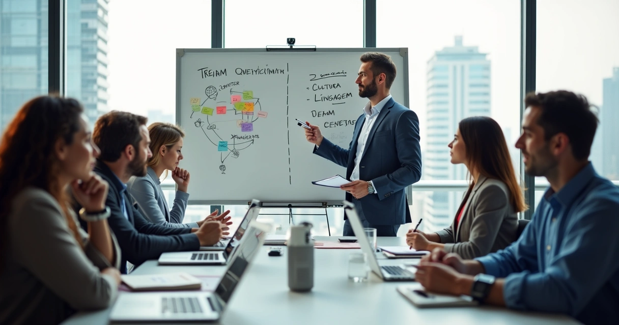Time multicultural em sessão de coaching diante de quadro branco dividido em abordagens opostas 