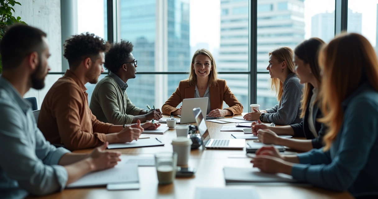 Equipe multicultural reunida em sala de reunião, trocando ideias em volta de uma mesa