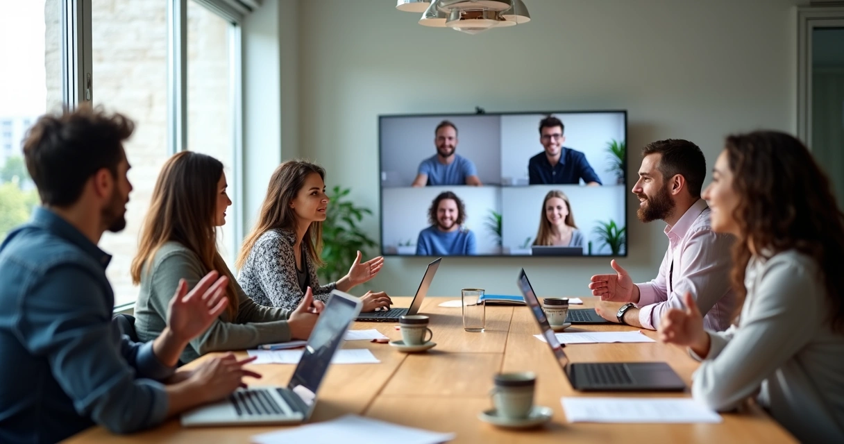 Equipe multicultural colaborando em reunião online e presencial 