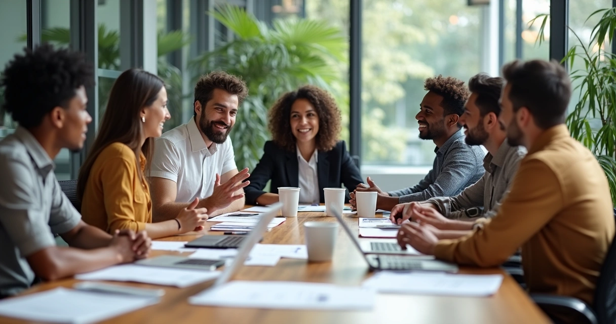 Equipe multicultural reunida ao redor de uma mesa discutindo ativamente