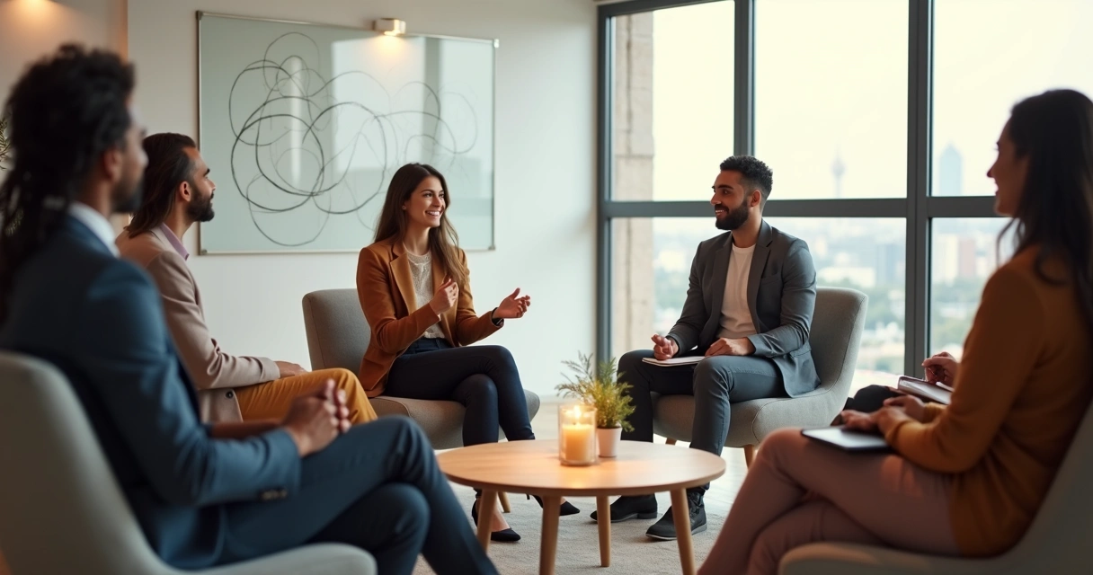 Equipe multicultural sentada em roda em sala clara de reunião 