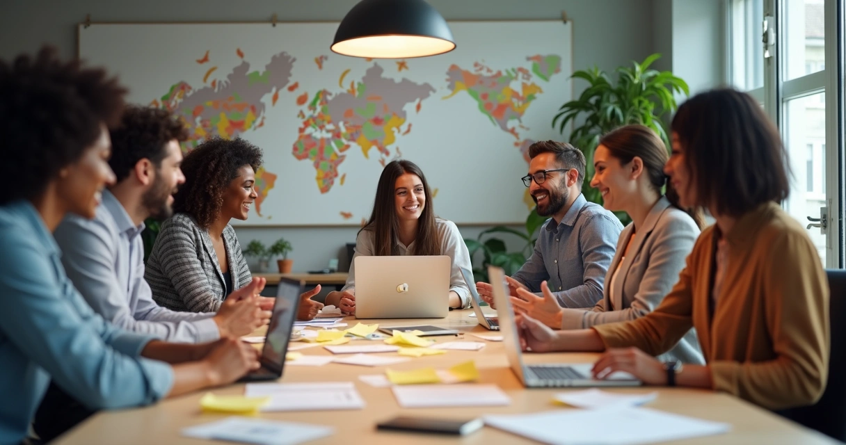 Feedback em equipe multicultural ao redor de mesa 