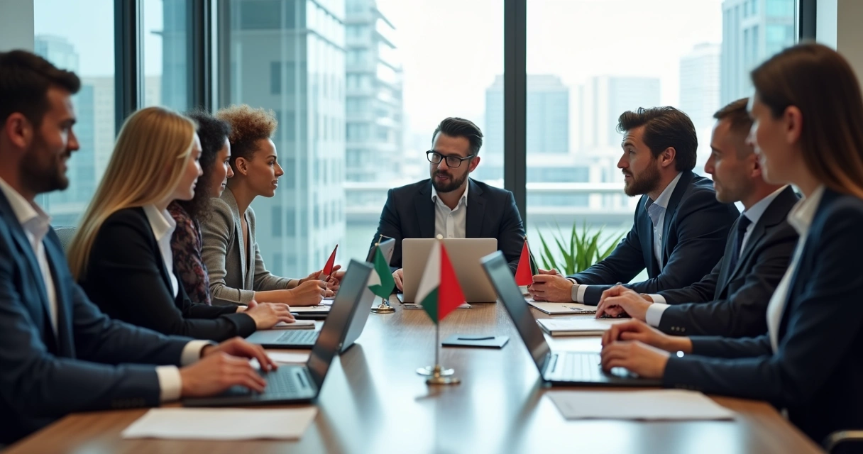 Equipe multicultural reunida ao redor de mesa de trabalho 