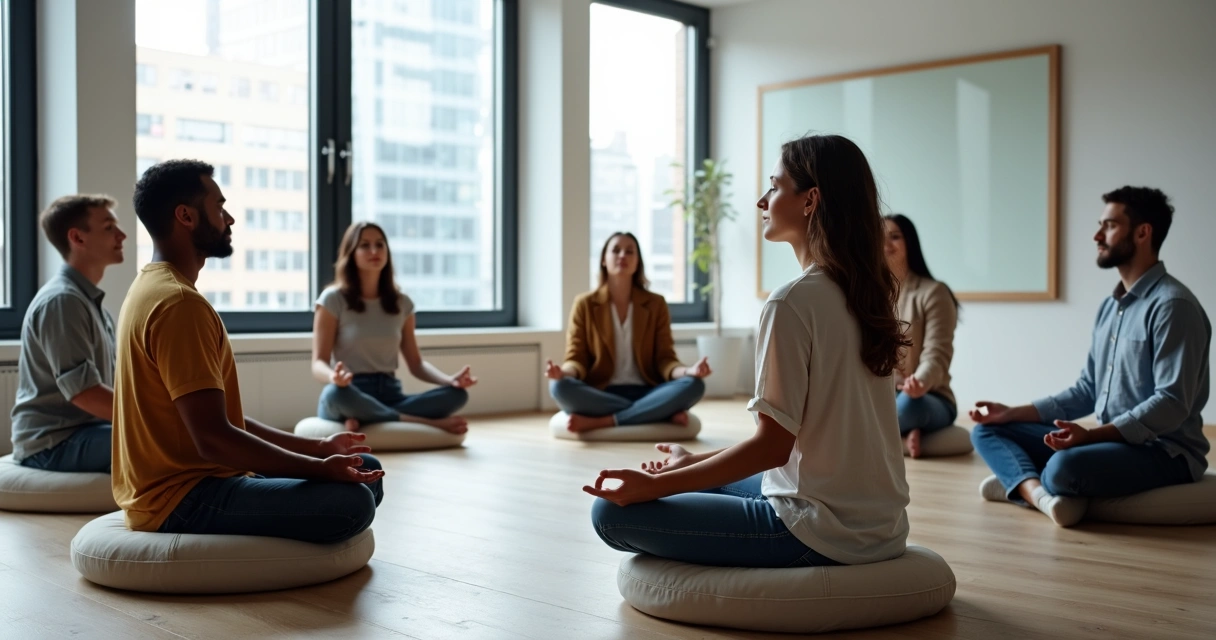 Pessoas de diferentes etnias sentadas em círculo em uma sala de escritório, praticando meditação juntos. 