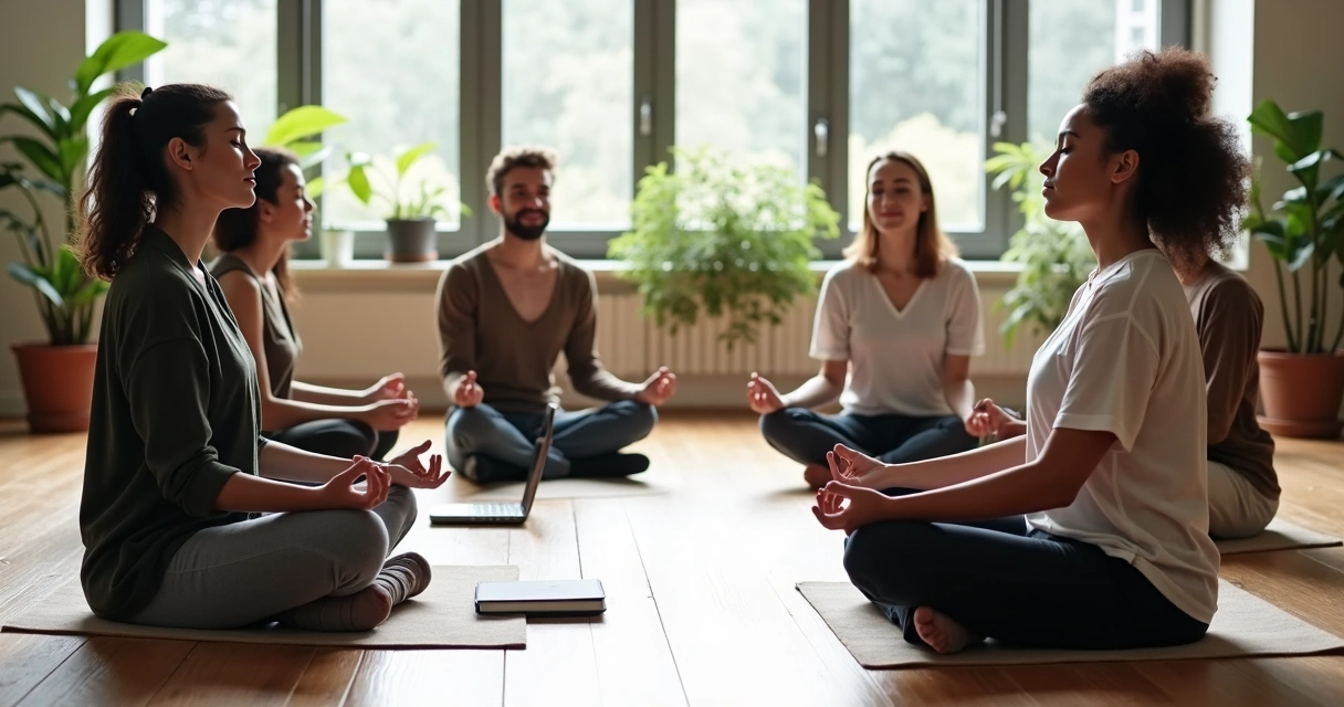 Equipe multicultural reunida em círculo praticando meditação