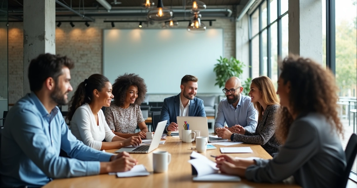 Equipe multicultural em reunião ao redor de uma mesa 