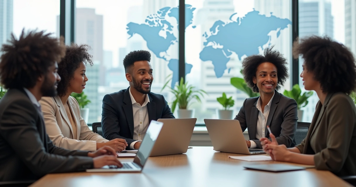 Equipe de trabalho diversificada em reunião, compartilhando ideias