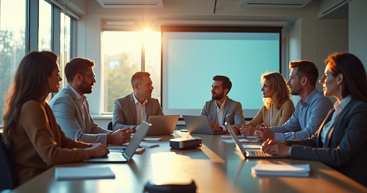 Diversos membros de equipe reunidos em sala de reunião colaborando juntos 
