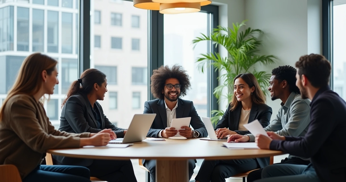 Equipe multicultural reunida em mesa redonda em ambiente corporativo 