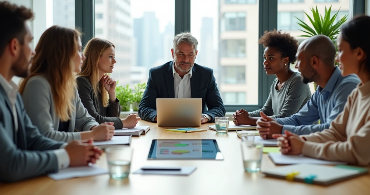 Equipe multicultural em reunião colaborativa ao redor de mesa moderna 