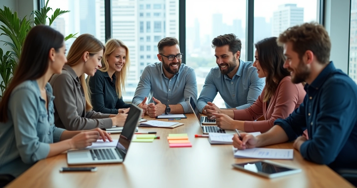 Equipe multicultural em reunião ao redor de mesa colaborativa 