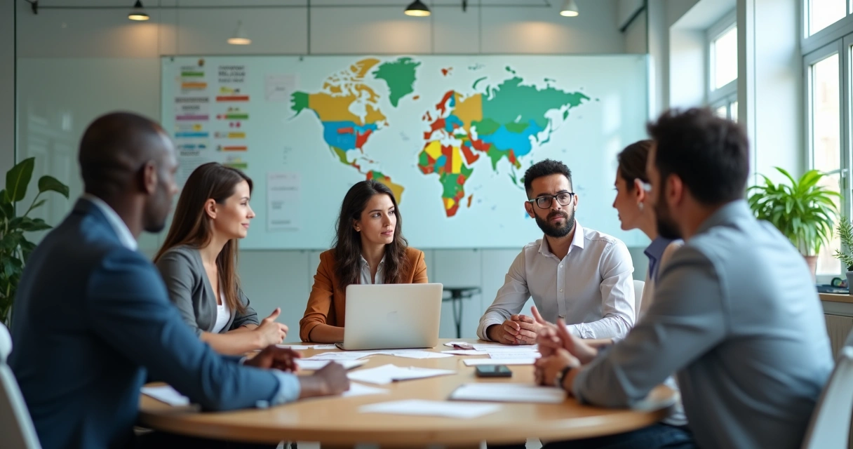 Equipe multicultural em reunião colaborativa em torno de uma mesa redonda 