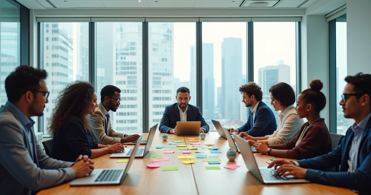 Equipe multicultural em reunião ao redor de mesa redonda colaborando 