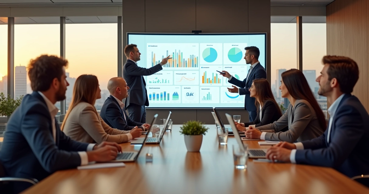 Equipe multicultural em reunião usando painel digital de métricas humanas 