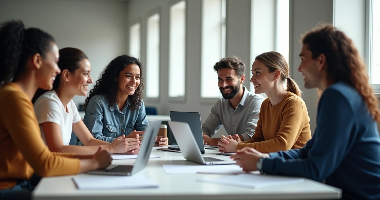 Equipe global diversa reunida em volta de uma mesa de trabalho