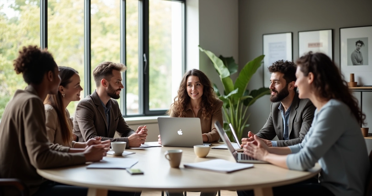 Equipe de trabalho multicultural reunida ao redor de uma mesa
