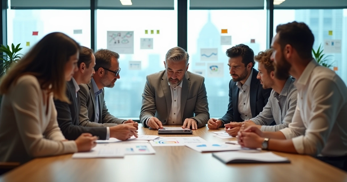 Equipe multicultural em reunião colaborativa ao redor de uma mesa moderna 