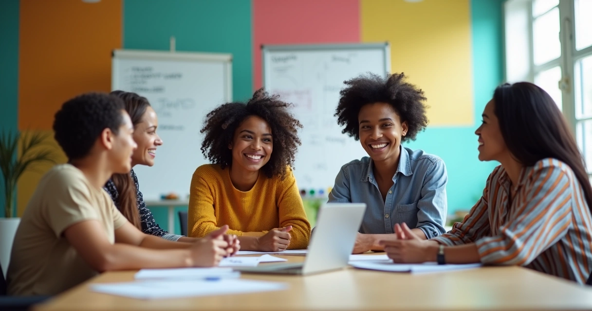 Equipe multicultural reunida em discussão, com quadros brancos, computadores e expressões atentas, representando colaboração