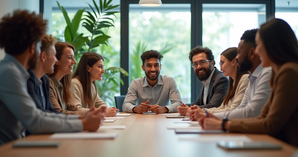 Equipe multicultural reunida em mesa de reunião, sorrindo e colaborando 