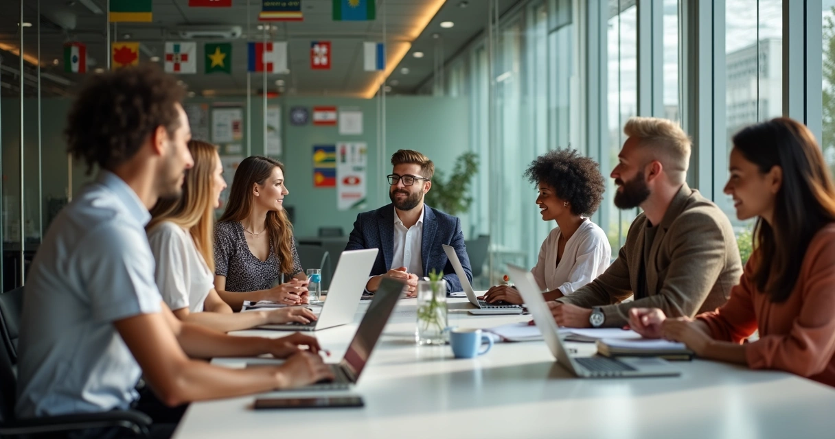 Colaboradores de diferentes origens conversando em sala de reunião 