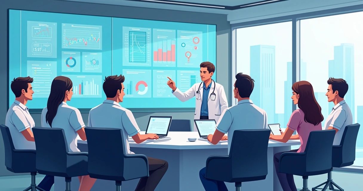 Software para Auditoria Clínica Hospitalar: Guia Prático e Avanços 2 Equipes médica, enfermagem e farmácia analisando indicadores em telas em um ambiente hospitalar moderno