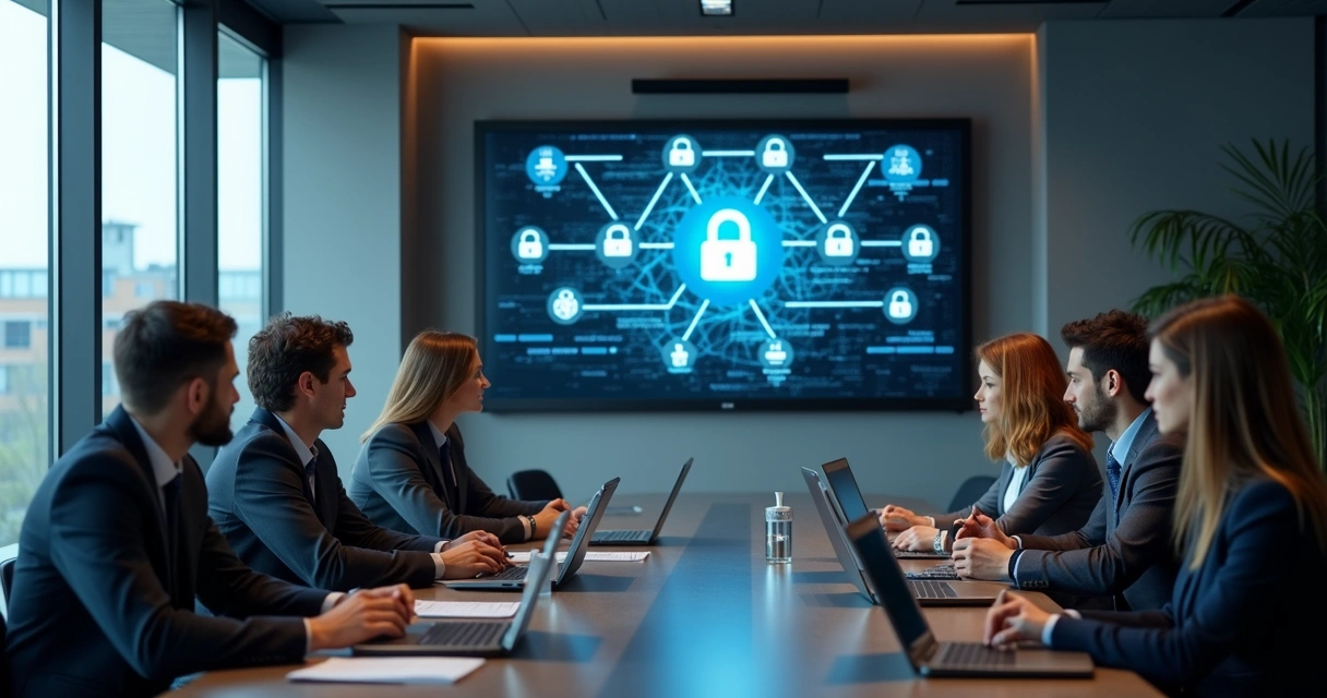 Equipe multidisciplinar assistindo treinamento sobre cibersegurança em sala de tecnologia 