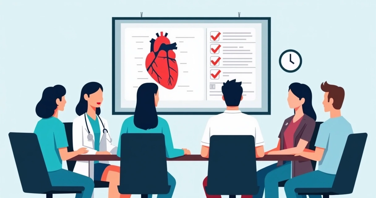 Indicações cirúrgicas na endocardite: recomendações atuais 4 Equipe multidisciplinar discutindo cirurgia cardíaca em reunião