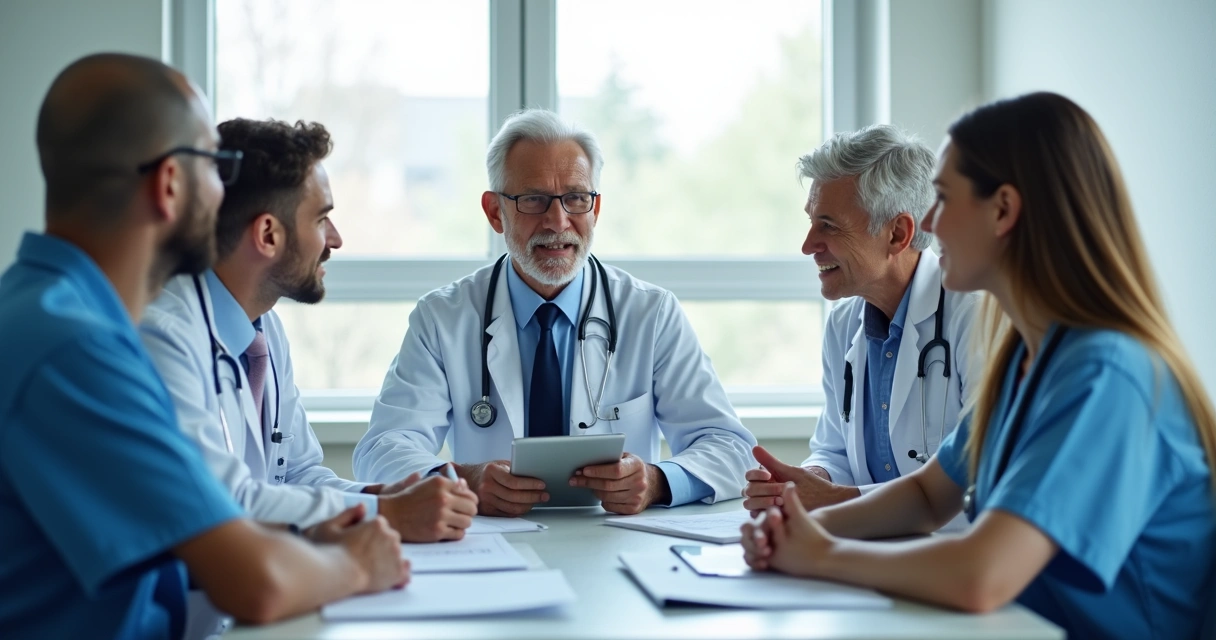 Equipe multidisciplinar reunida discutindo caso de demência 