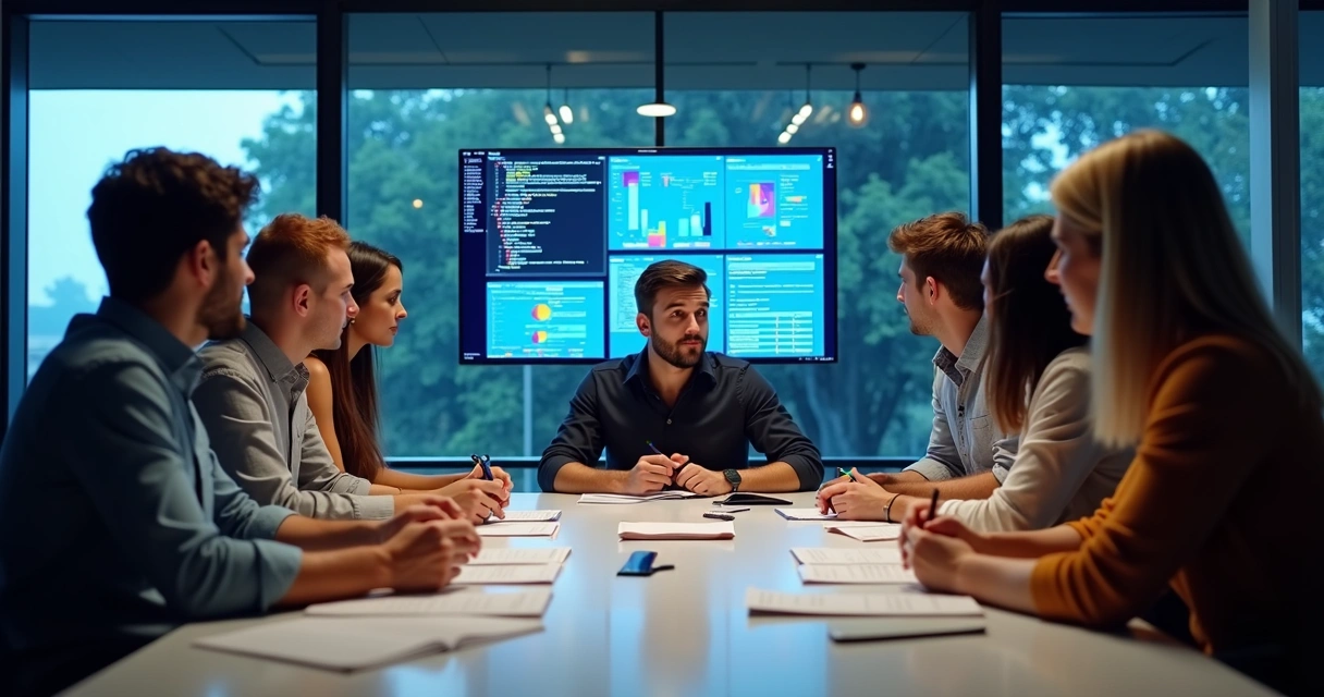 Equipe de desenvolvimento multidisciplinar reunida em escritório com telas de código e design visíveis 