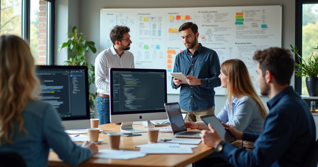 Equipe de desenvolvimento trabalhando em vários computadores. 