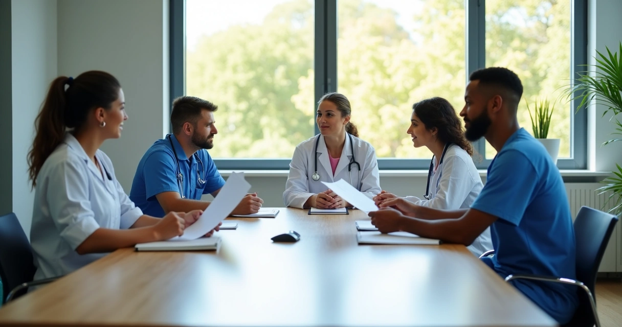 Equipe de saúde multidisciplinar discutindo caso em sala 