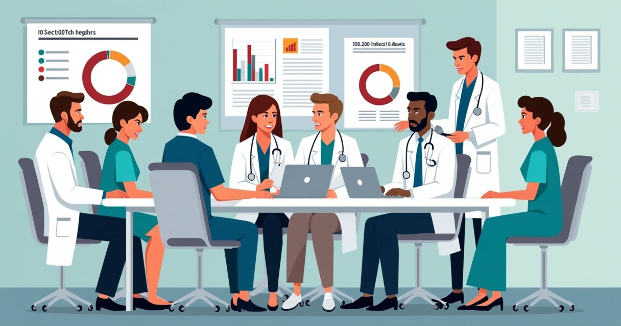 Plano nacional de comunicação para prevenção da resistência aos antimicrobianos 1 Equipe de profissionais da saúde em reunião analisando dados de prevenção de infecção.