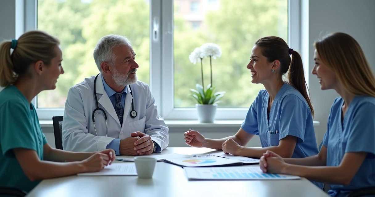 Equipe multidisciplinar com médico, fisioterapeuta e psicólogo reunidos em consultório para discutir caso de dor crônica.