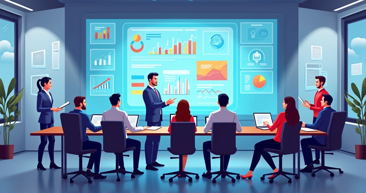Equipe multidisciplinar reunida discutindo relatórios de IA na empresa 