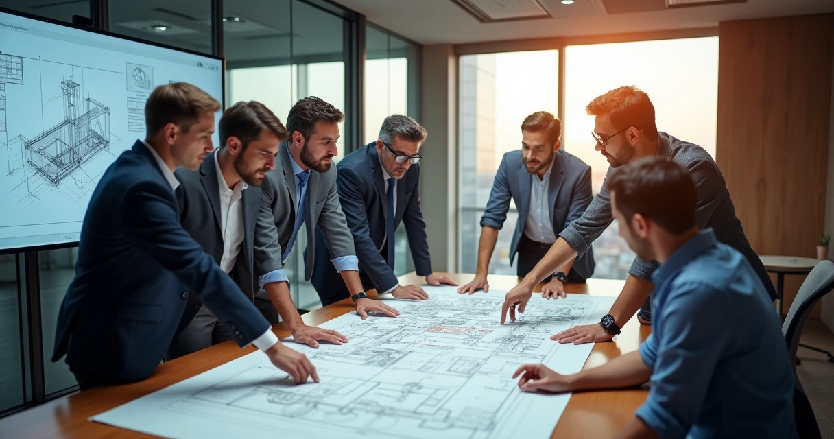 Equipe multidisciplinar de engenharia discutindo projeto técnico em sala de reuniões 