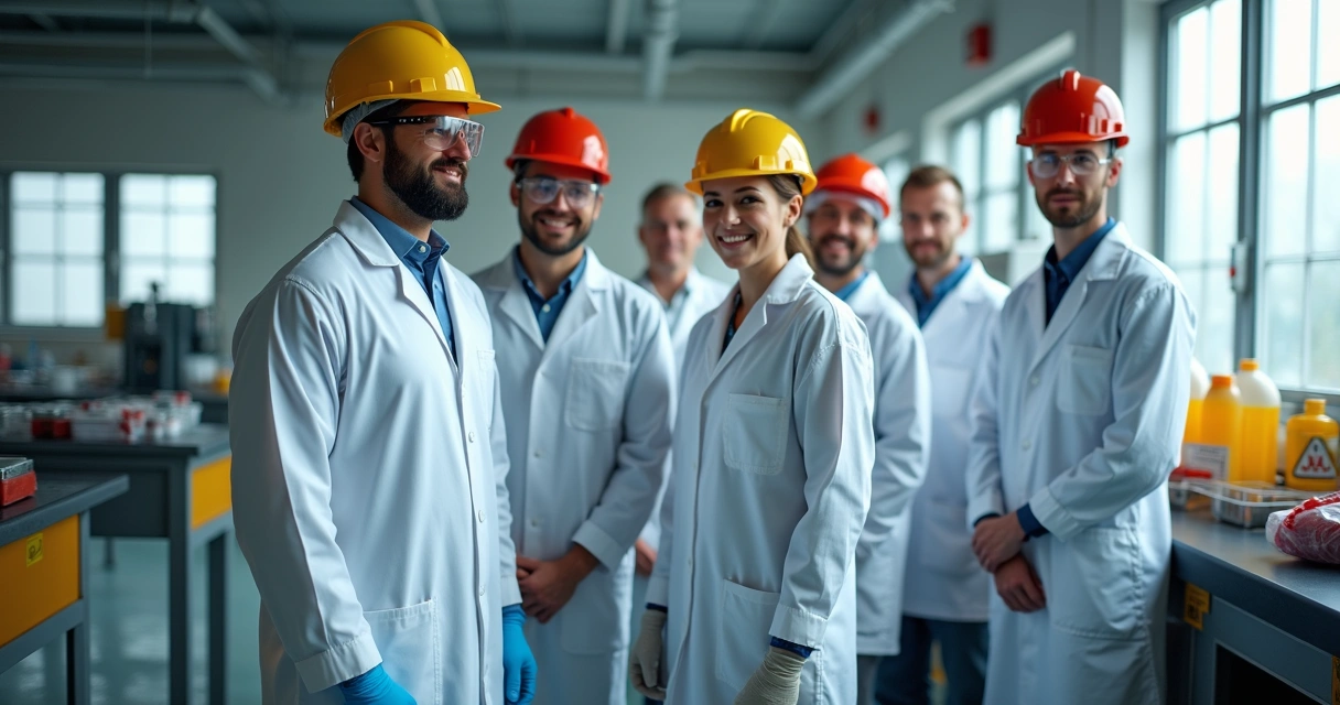 Equipe de trabalhadores com equipamentos de proteção