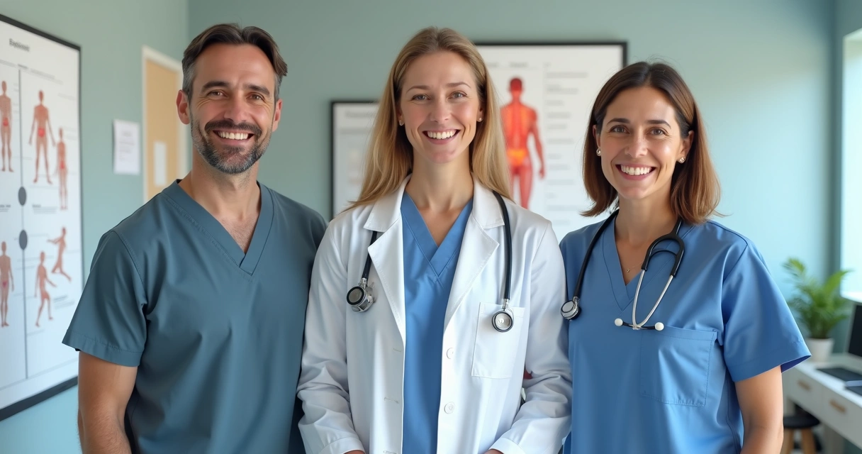 Três profissionais de saúde, um ortopedista, uma fisioterapeuta e uma psicóloga, sorrindo em consultório moderno 