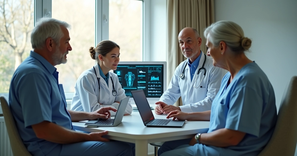 Equipe de saúde multidisciplinar discutindo paciente em monitor em casa