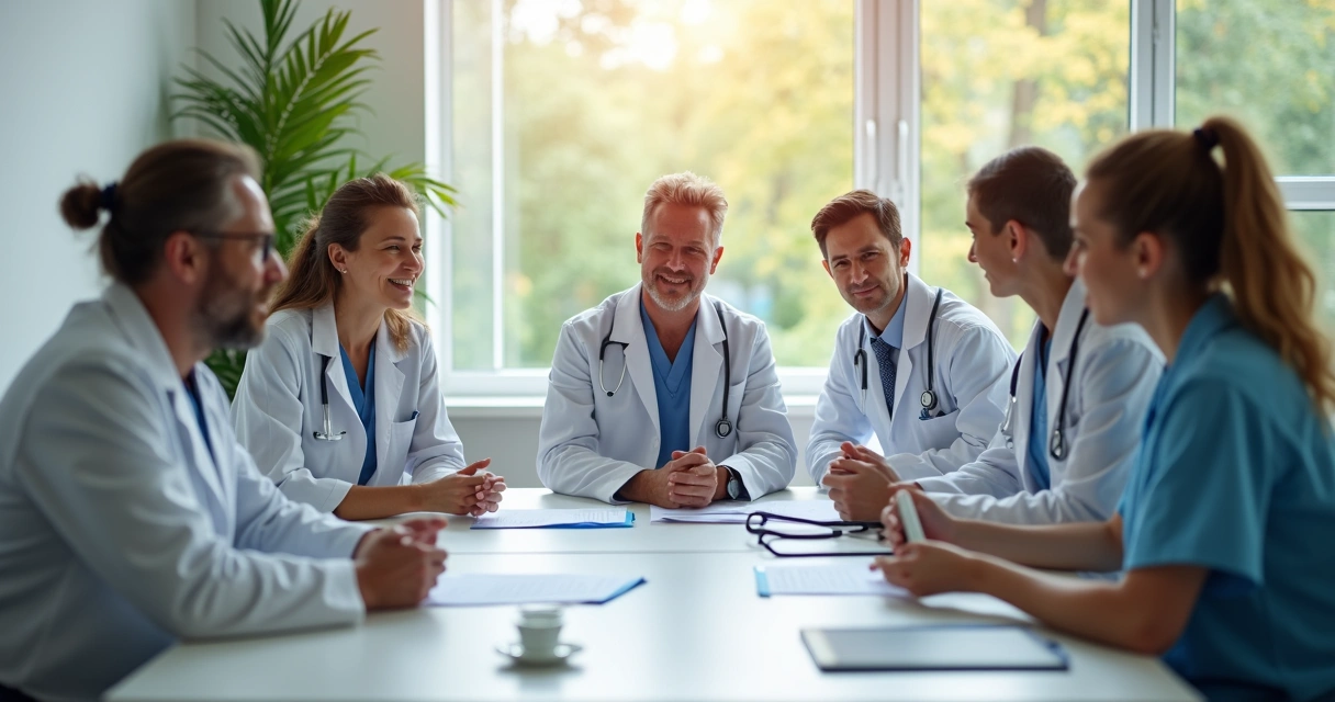 Equipe multidisciplinar de hospital reunida em uma sala de reunião 