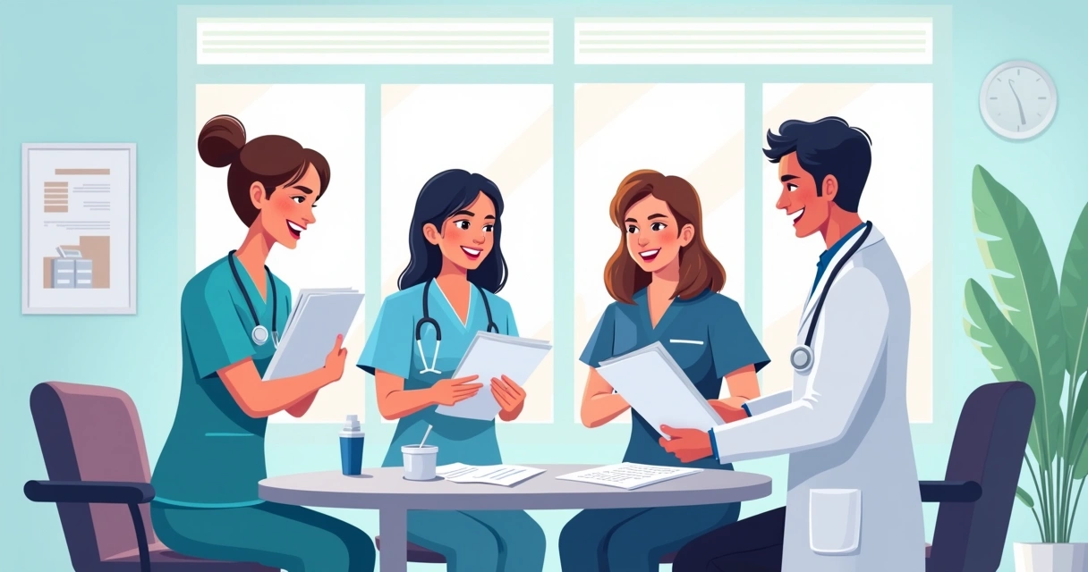 Equipe multiprofissional reunida em hospital refletindo sobre protocolos 
