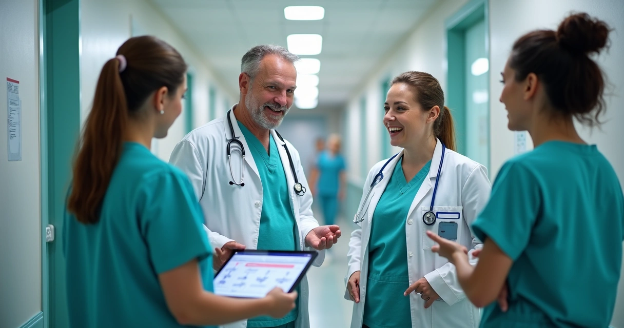 Equipe multidisciplinar de saúde reunida em hospital. 
