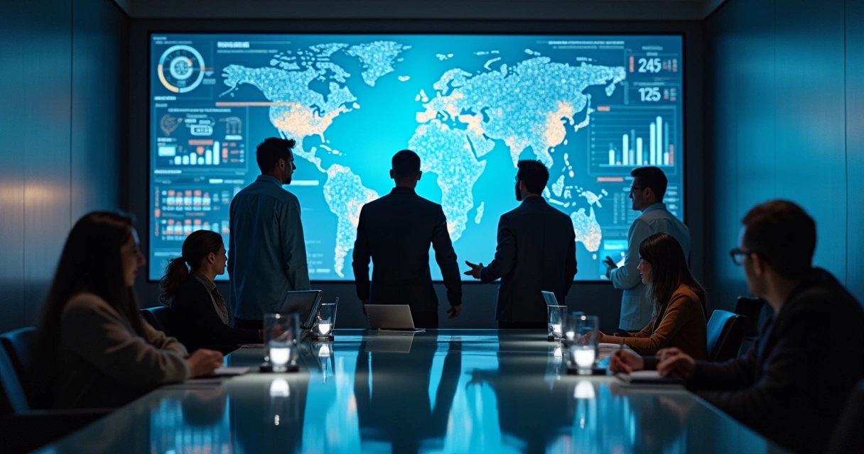 Equipe multidisciplinar reunida em uma sala de reuniões moderna analisando gráficos digitais em uma tela 