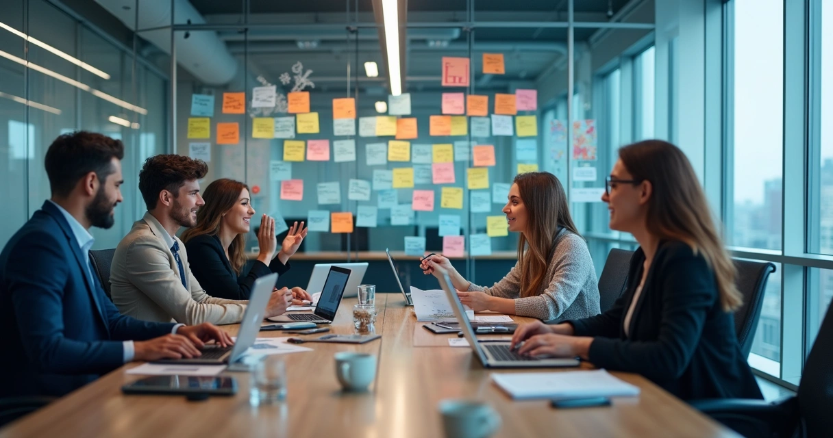Equipe variada de profissionais colaborando em sala de reunião de tecnologia 